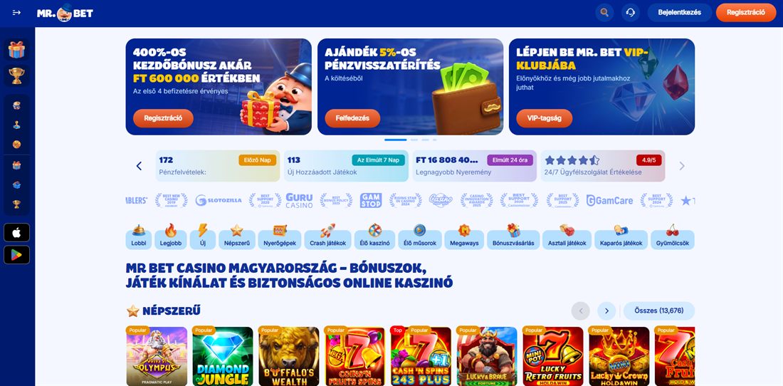MrBet kaszinó képernyőkép – kezdőbónusz és játékkínálat