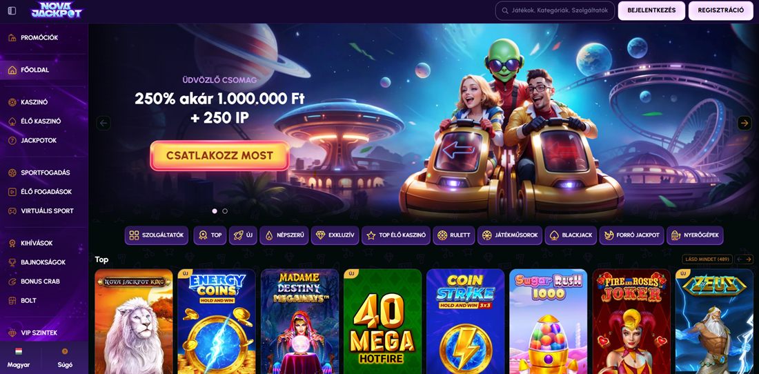 NovaJackpot kaszinó képernyőkép – 250% üdvözlőbónusz