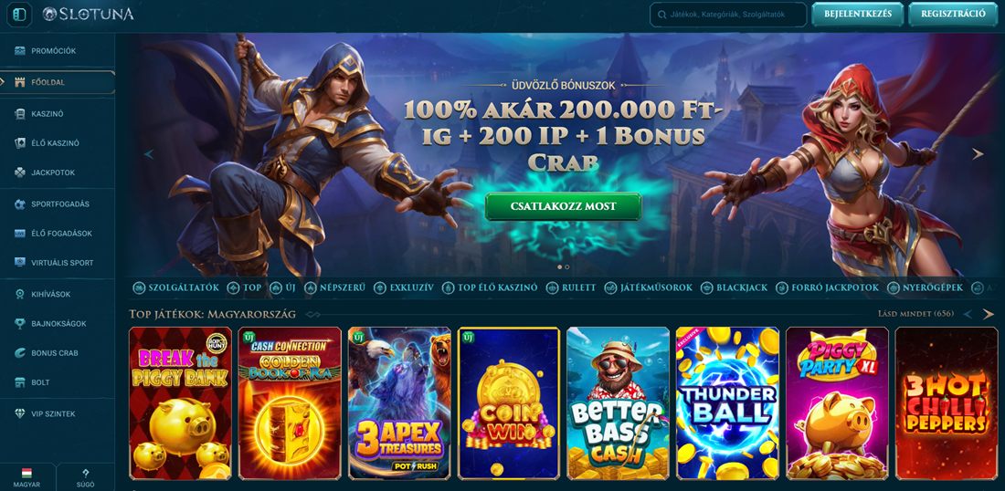 Slotuna kaszinó képernyőkép – 100% üdvözlőbónusz + bonus crab