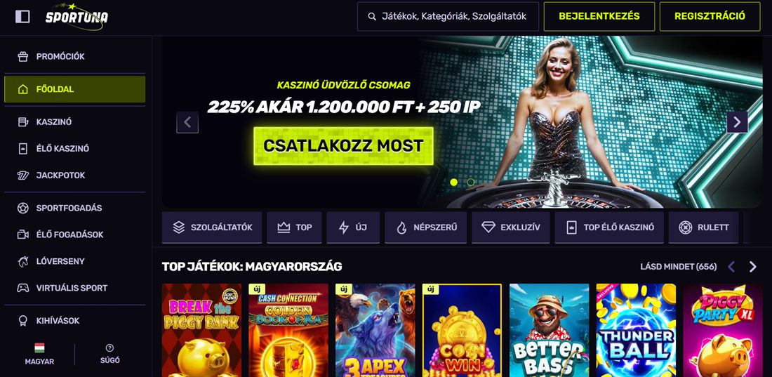 Sportuna kaszinó képernyőkép – 225% üdvözlőbónusz