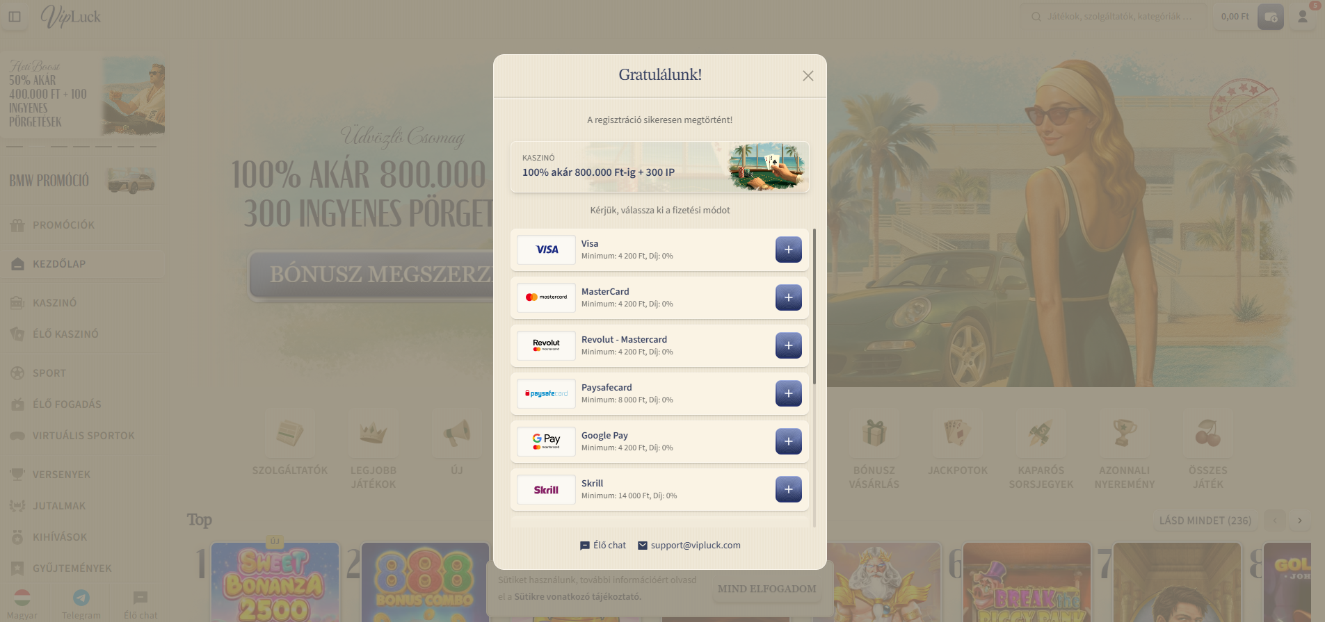 Vipluck befizetési képernyő — Visa, Mastercard, Neosurf, Paysafecard, Google Pay, Skrill